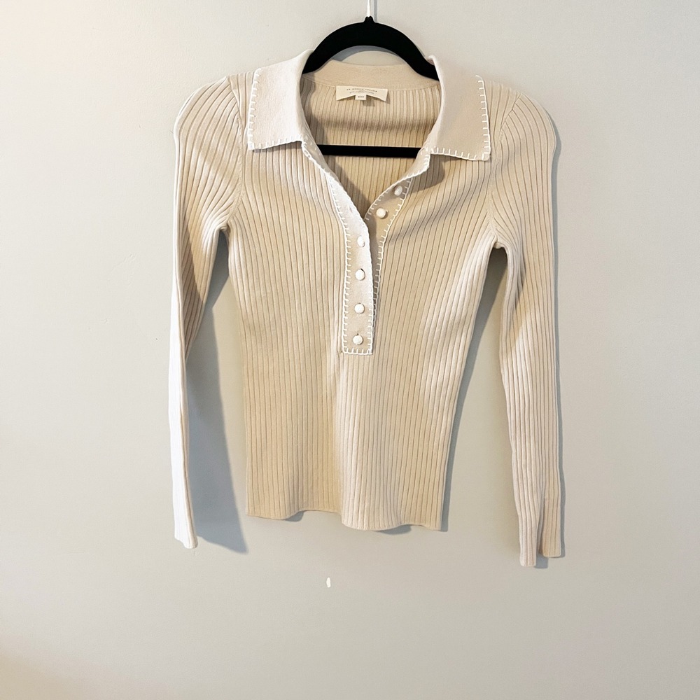 Sezane La Maille Merino Wool Rib Knit Polo Top Beige XXS Stitch Detail